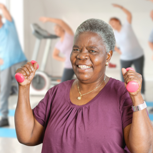 Senior enjoying an exercise class in a retirement home in Ontario