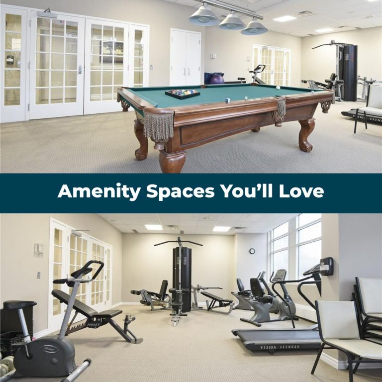 Amenity spaces including fitness room and billiards area for residents at Villagia in the Glebe, Ottawa independent living apartments