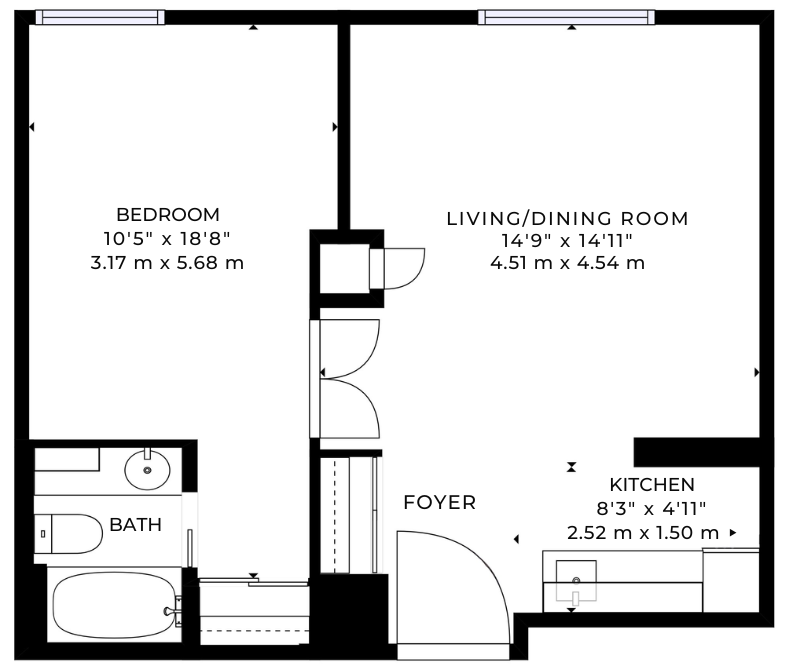 A one-bedroom floor plan of a Westwood Retirement Community suite in Orleans, Ontario, showing layout of bedroom, living area, and bath.