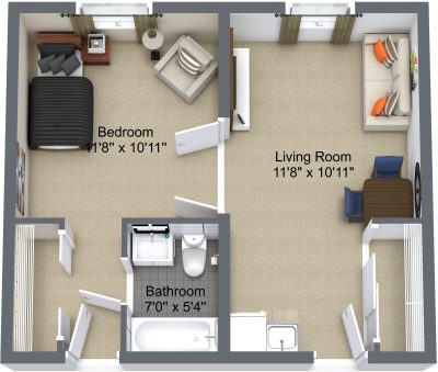 Queenswood Villa - 1 Bedroom - 3D Floor Plan